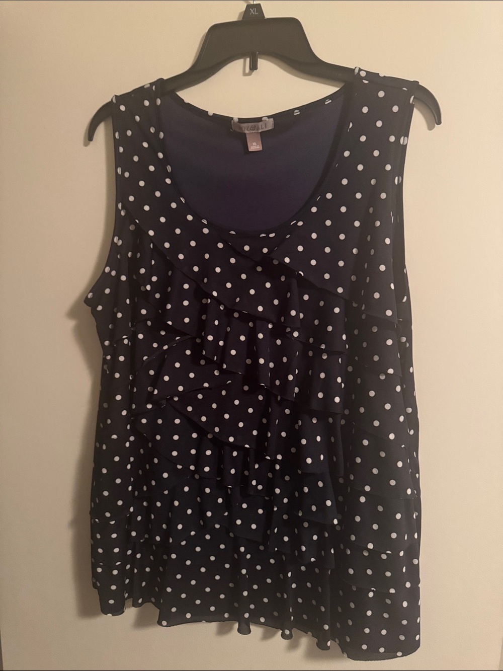 Roz & Ali Navy and White Polka Dot Ruffle Tank